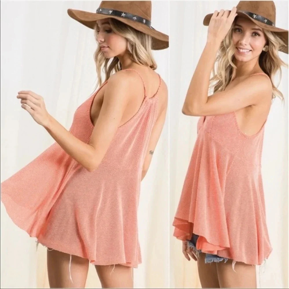Coral Boho Babydoll V-Neck Flowy Tank Top | Summer Beach Outfit - Picture 2 of 3
